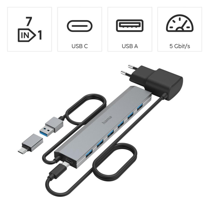 USB хъб HAMA, 7-портов USB 3.2 Gen 1 5Gbit/s - HAMA-200137 - 7