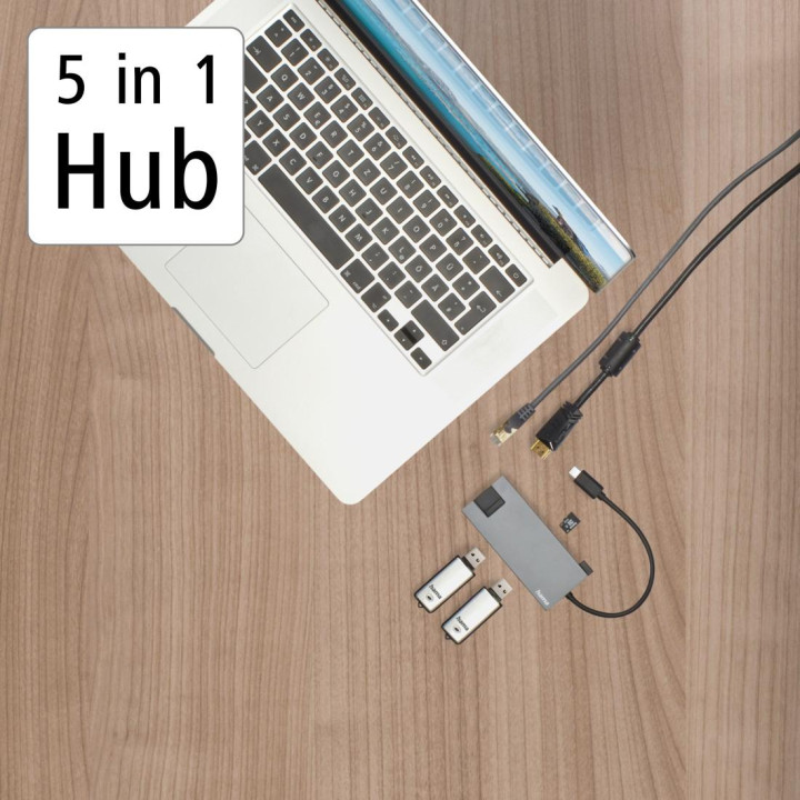 Докинг станция HAMA, 5-портов (2x USB-A, 1x USB-C, 1x HDMI, 1x LAN), USB 3.2 Gen 1, Сив - HAMA-200109 - 4