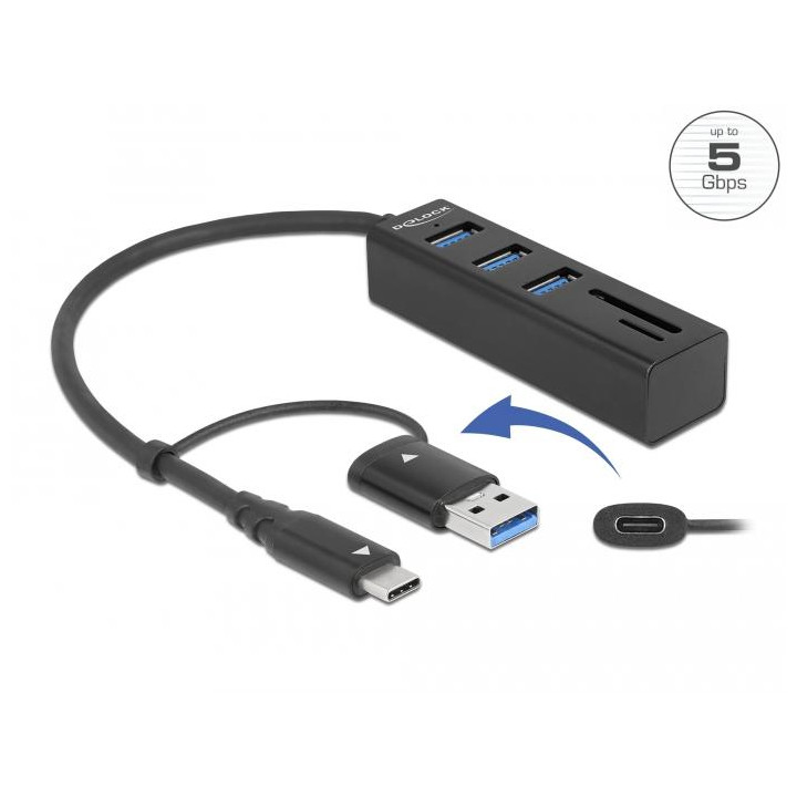 USB Хъб DeLock 63859, 3 порта USB-A/SD/MicroSD, USB 3.2 Gen 1 - DELOCK-63859 - 1