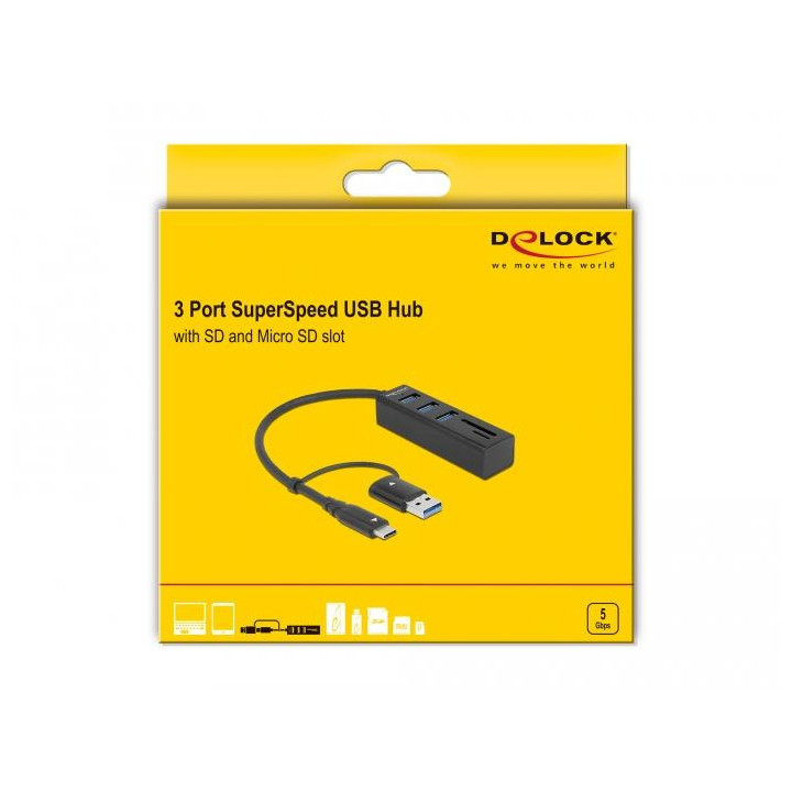 USB Хъб DeLock 63859, 3 порта USB-A/SD/MicroSD, USB 3.2 Gen 1 - DELOCK-63859 - 2