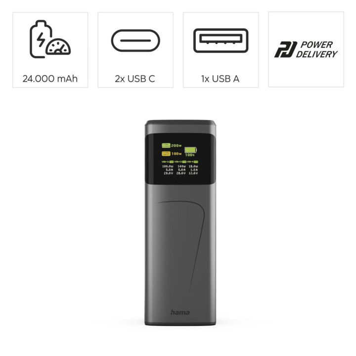Външна батерия HAMA High Power, 24000 mAh, 200W, USB-C/USB-A, бързо зареждане - HAMA-201743 - 12