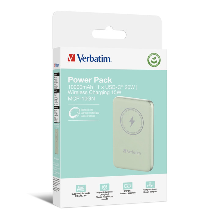 Външна батерия Verbatim MCP-10GN, 10000 mAh, USB-C PD 20W, Безжично зареждане 15W, Зелена - 32246 - 4