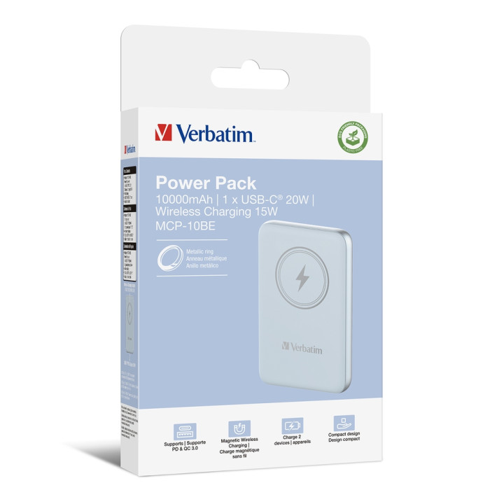 Външна батерия Verbatim MCP-10BE, 10000 mAh, USB-C PD 20W, Безжично зареждане 15W, Синя - 32247 - 4