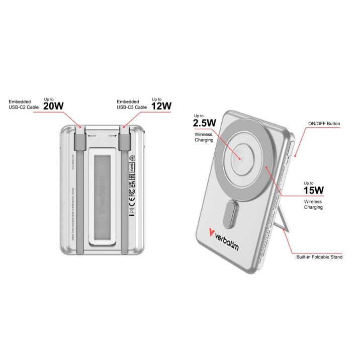 Външна батерия Verbatim Charge 'n' Go 2C, 5000mAh, USB-C, 2.4A, Magnetic Wireless - 32276 - 10