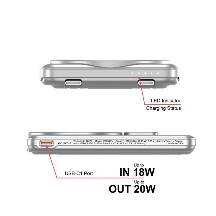 Външна батерия Verbatim Charge 'n' Go 2C, 5000mAh, USB-C, 2.4A, Magnetic Wireless - 32276 - 12