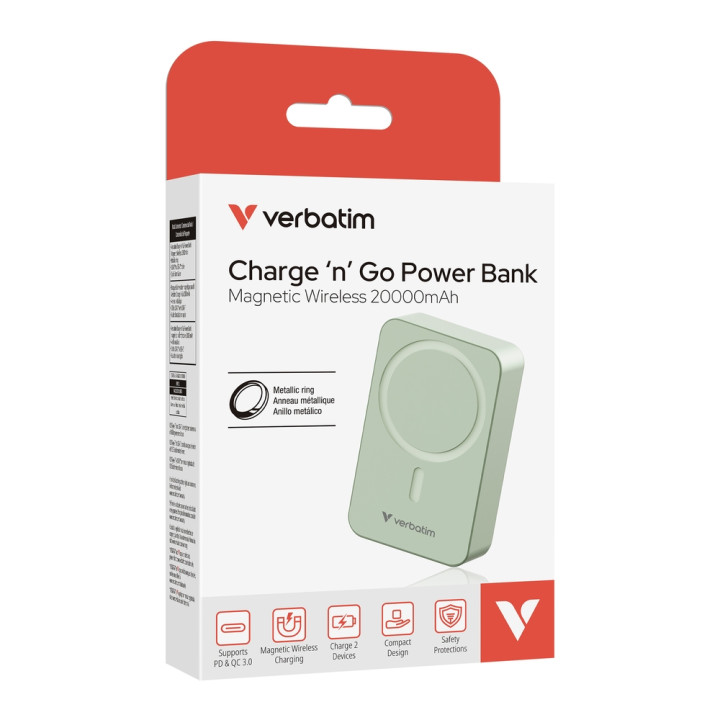Външна батерия Verbatim Charge 'n' Go Essentials, 20000mAh, Безжично зареждане, USB-C, Зелена - 32224 - 4
