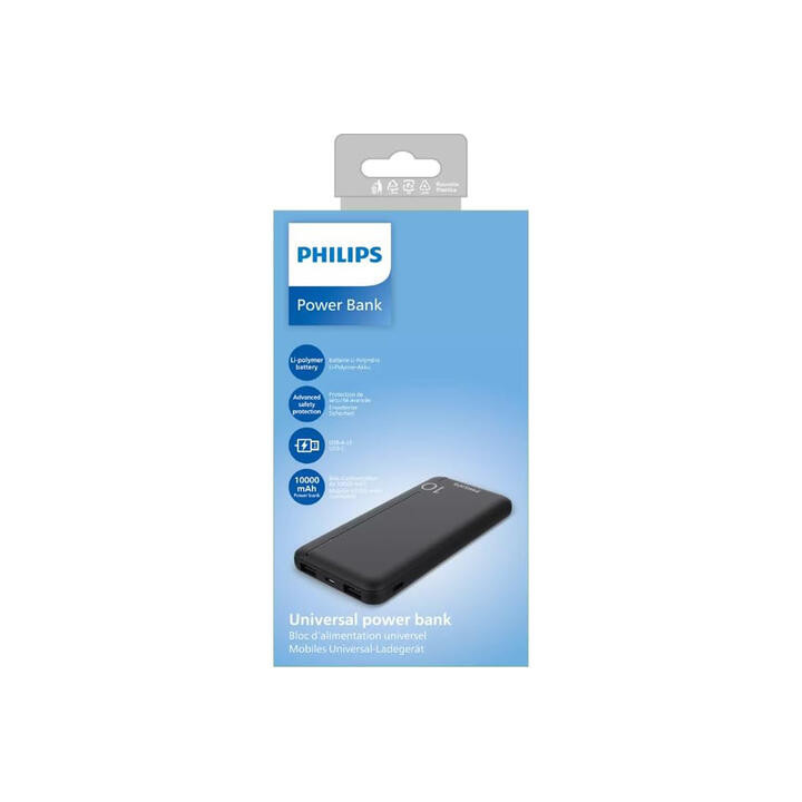 Външна батерия Philips 10000mAh, 2x USB-A и USB-C, черен - DLP1810CB/00 - 2