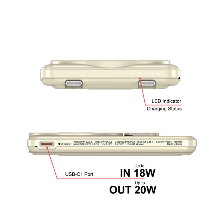 Външна батерия Verbatim Charge 'n' Go 2C, 5000mAh, USB-C, 2.4A, Gold - 32253 - 2