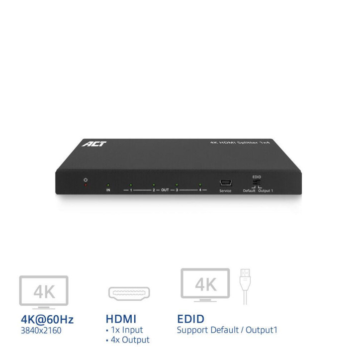HDMI сплитер ACT AC7832, 1 вход 4 изхода, 4K (3840x2160), 10.2 Gbit/s - AC7832 - 2
