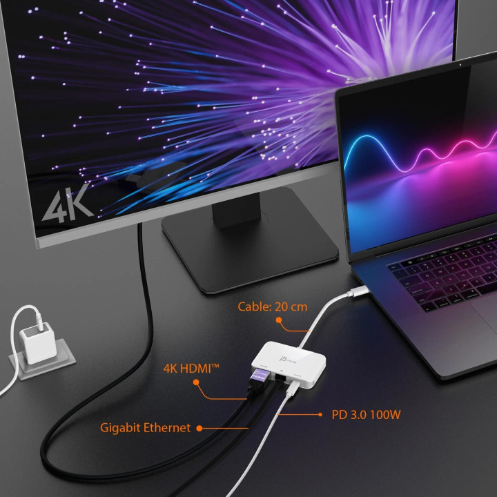 USB-C адаптер j5create JCA351, 4K HDMI+LAN Gigabit + Type C - JCA351 - 4