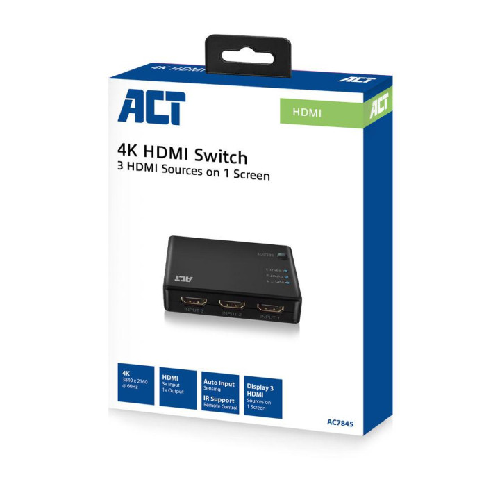HDMI суич ACT, 3 порта, 4K@60Hz, USB, дистанционно управление, черен - EWENT-ACT-SPLIT-AC7845 - 5