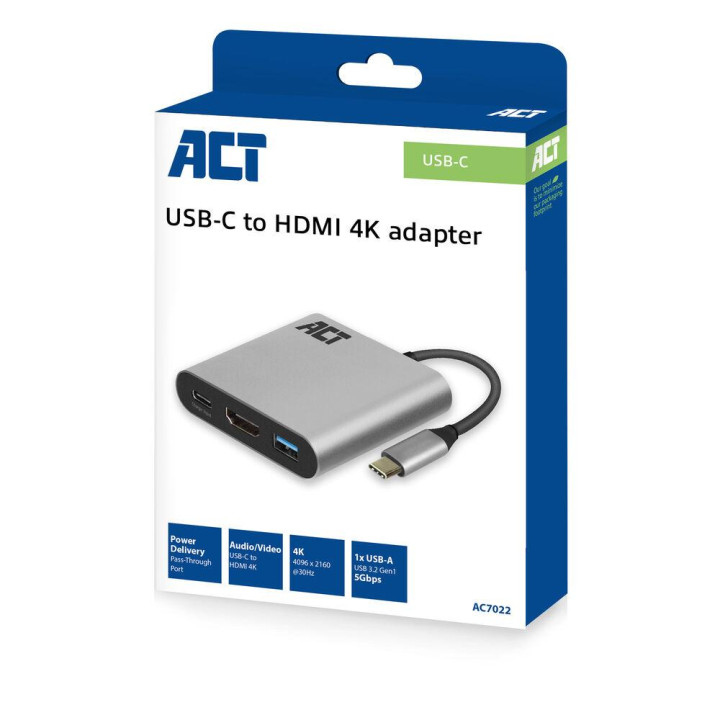 Адаптер ACT USB-C към HDMI 4K, USB-C/HDMI/USB-A - EWENT-ACT-AC7022 - 4