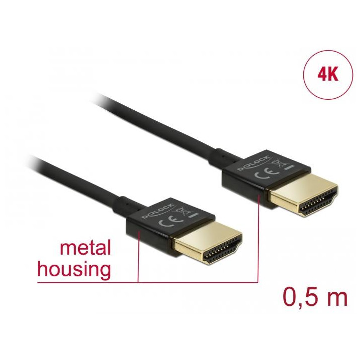 Кабел DeLock, HDMI-A мъжко - HDMI-A мъжко, Ethernet, 4K, 0.5 м, Черен - DELOCK-84786 - 1