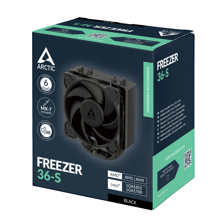 Охладител за процесор ARCTIC Freezer 36-S Black, Съвместимост AM4/AM5/1700/1851, 120mm вентилатор, 600-3000 RPM - ACFRE00196A - 