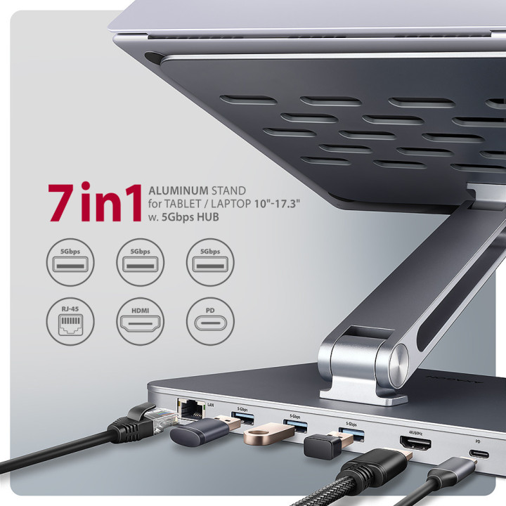 Подставка AXAGON HMC-STND, алуминиева, за лаптопи 10-16", USB Hub 5Gbps, 3x USB-A, HDMI 4K/60Hz, Gigabit LAN, PD 100W - HMC-STND