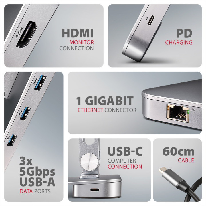 Подставка AXAGON HMC-STND, алуминиева, за лаптопи 10-16", USB Hub 5Gbps, 3x USB-A, HDMI 4K/60Hz, Gigabit LAN, PD 100W - HMC-STND