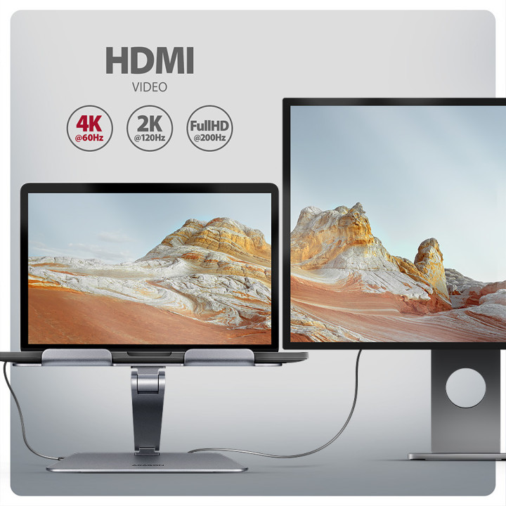Подставка AXAGON HMC-STND, алуминиева, за лаптопи 10-16", USB Hub 5Gbps, 3x USB-A, HDMI 4K/60Hz, Gigabit LAN, PD 100W - HMC-STND