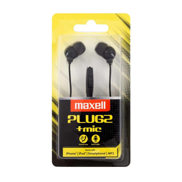 Слушалки с микрофон MAXELL PLUGZ, In-Ear, Audio Jack, 32Ω, 9mm говорител, 20Hz-20kHz, 95dB, Черни - ML-AH-PLUGZ-BLACK - 1