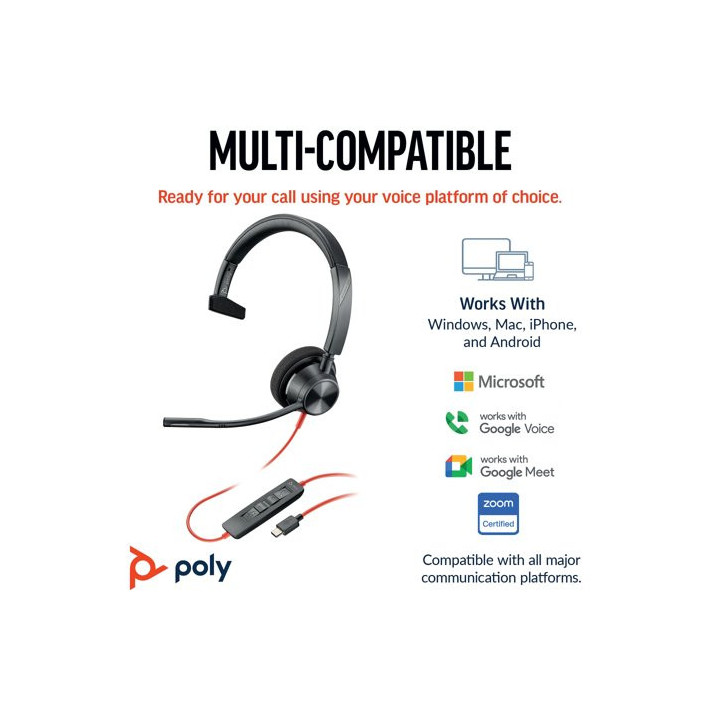 Слушалки HP Blackwire 3310, Monaural Boom, USB-C, Noise Cancelling, UC Certified - 8X215AA - 2