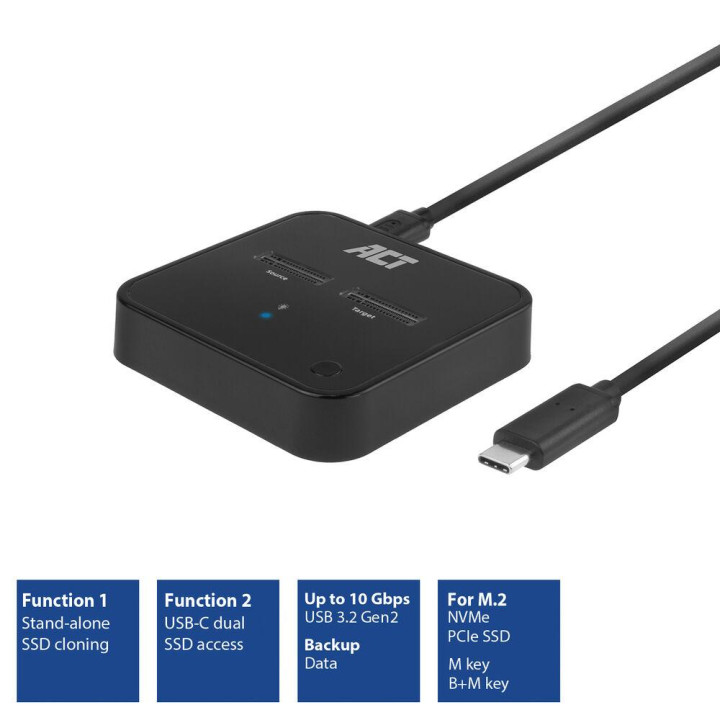 Двойна SSD докинг станция ACT, M.2 NVMe/PCIe за клониране, USB-C 3.2 Gen2 10 Gbps - AC1502 - 2