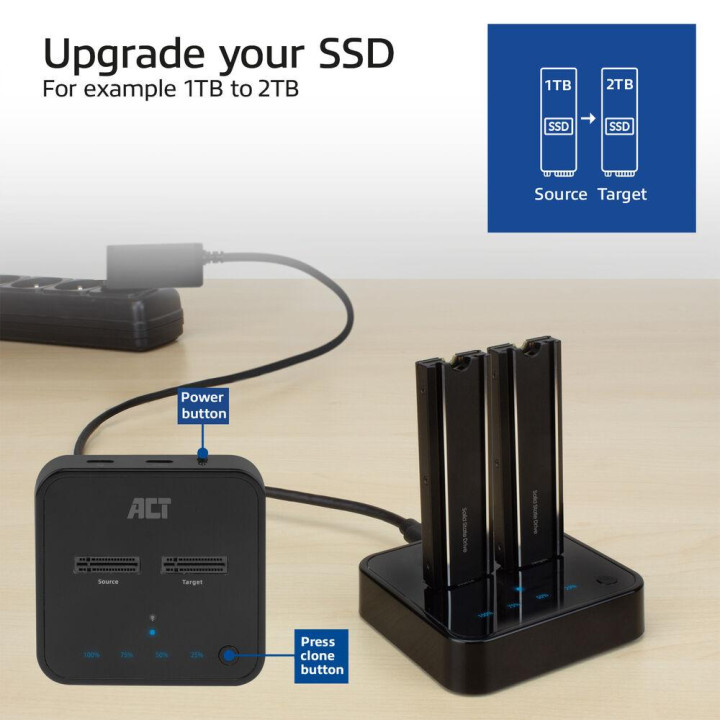 Двойна SSD докинг станция ACT, M.2 NVMe/PCIe за клониране, USB-C 3.2 Gen2 10 Gbps - AC1502 - 5