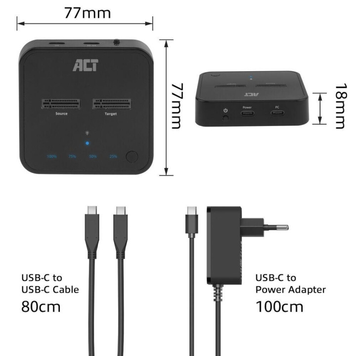 Двойна SSD докинг станция ACT, M.2 NVMe/PCIe за клониране, USB-C 3.2 Gen2 10 Gbps - AC1502 - 8