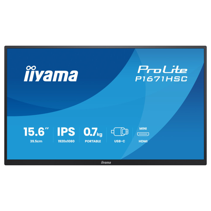 Преносим монитор IIYAMA P1671HSC-B1, 15.6" Full HD IPS, 2x USB-C портове и вградени стерео говорители - 1