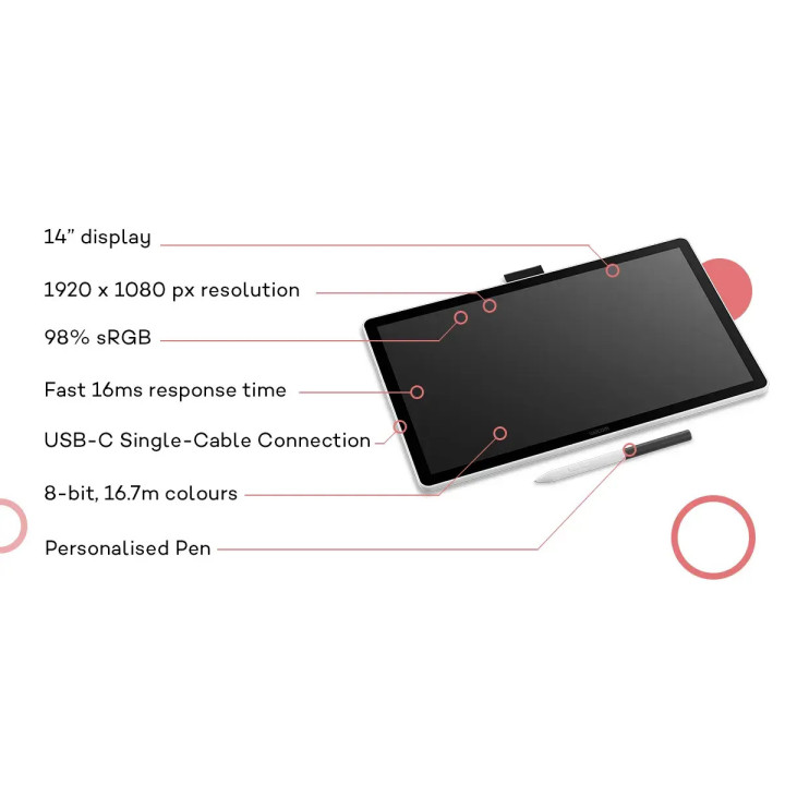 Графичен таблет WACOM One pen display 14.0", 1920 x 1080, USB-C, 4096 нива на натиск - DTC141W0 - 7