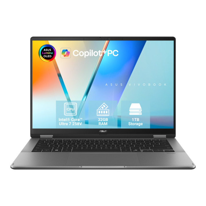 Лаптоп ASUS VIVOBOOK 14 FLIP TP3407SA-SG155WNA, 14" WUXGA OLED, Intel Core Ultra 7 258V, 32GB LPDDR5X, 1TB SSD, Win 11 Home - 90