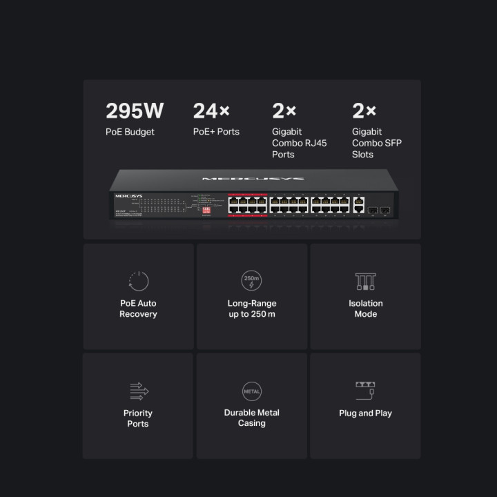 Мрежов комутатор Mercusys MS126CP, 24-портов 10/100 Mbps PoE+, 2-портов Gigabit, Rackmount - 2