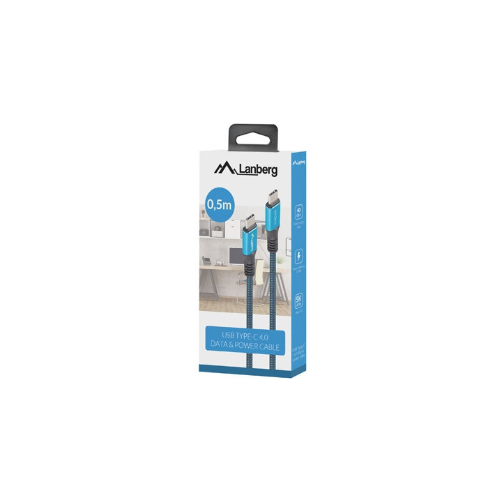 USB-C кабел Lanberg, 0.5m, USB-C (M) - USB-C (M), 100W, 40Gb/s, 8K - CA-CMCM-45CU-0005-BK - 5