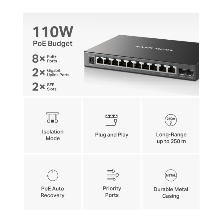 Мрежов комутатор Mercusys MS112GMP, 12-портов гигабитов с 8 PoE+ порта  - 2