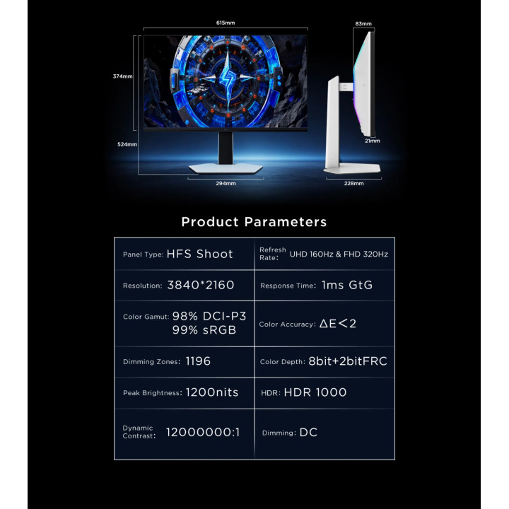 Монитор TCL 27C2A, 27" QD-Mini LED 4K 160Hz, 1196 Dimming Zone, 1200nits - 12