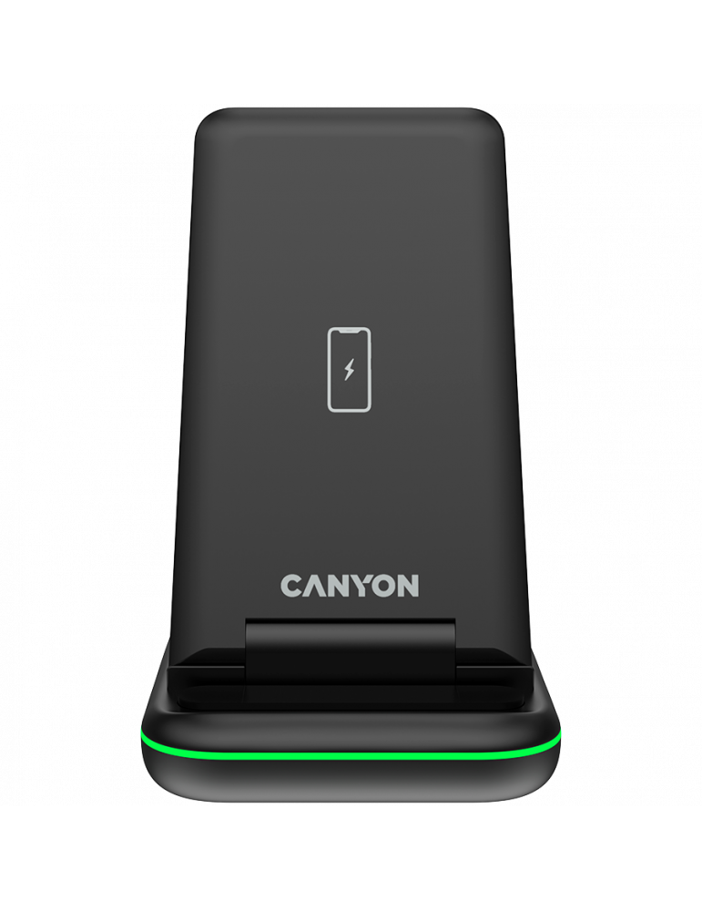 Безжично зарядно Canyon WS- 304 Foldable 3in1 Wireless charger, Type c to USB-A cable length 1.2m,  Black - CNS-WCS304B