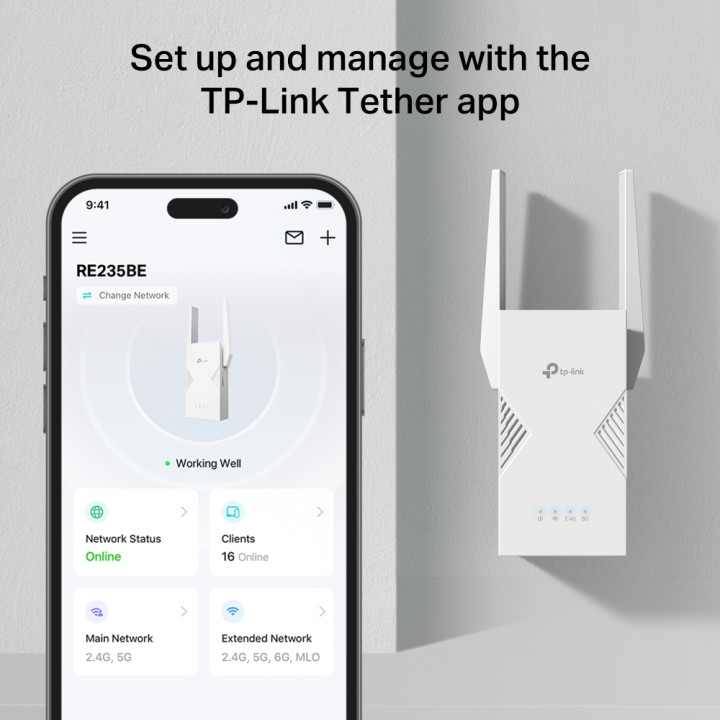 Wi-Fi удължител TP-Link RE235BE, BE3600 Двубандов 2.4/5GHz, 2× Външни антени, 1× 2.5Gbps Ethernet - 8