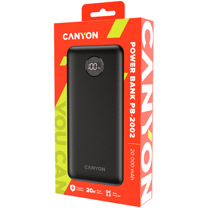Външна батерия Canyon PB-2002 Power bank 20000mAh Li-poly battery, cable Type C, Black - CNE-CPB2002B