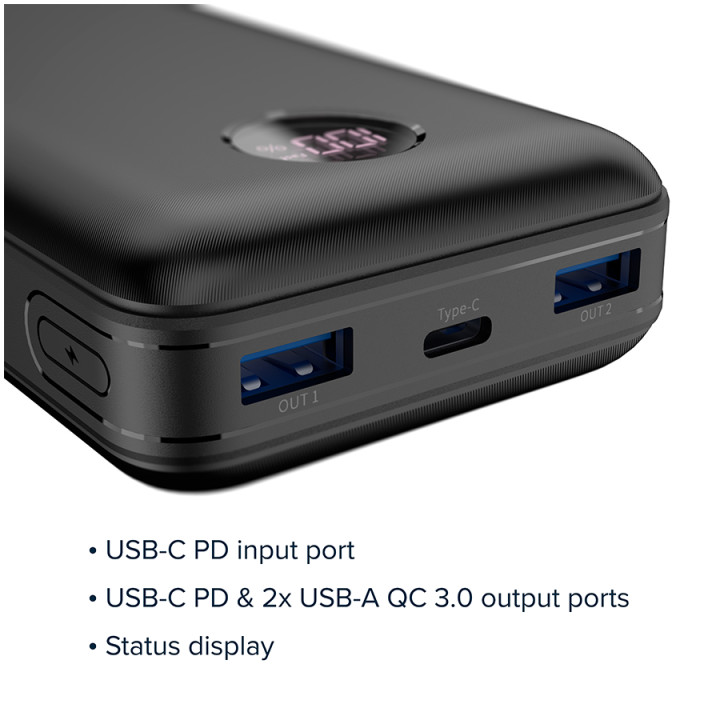 Външна батерия Canyon PB-2002 Power bank 20000mAh Li-poly battery, cable Type C, Black - CNE-CPB2002B