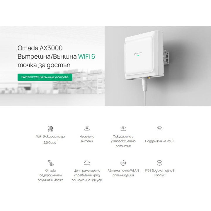 Точка за достъп TP-Link Omada EAP650 D120-Outdoor, WiFi 6 (802.11ax), Двубандова, 2.4GHz/5GHz, Външен монтаж - 7