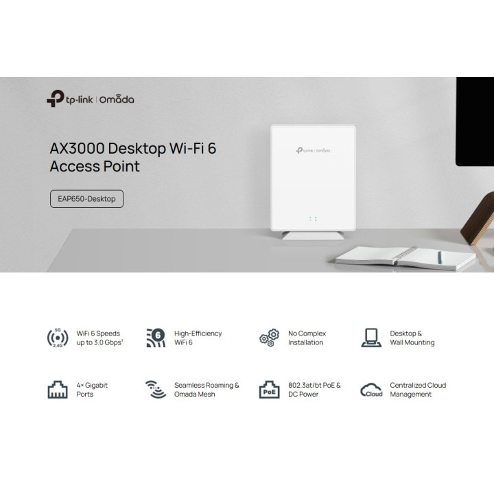 Точка за достъп TP-Link Omada EAP650-Desktop, AX3000 Wi-Fi 6, 2.4/5 GHz, 4× 1Gbps Ethernet - 2