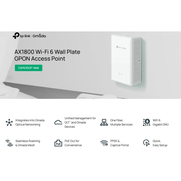 Точка за достъп TP-Link Omada EAP625GP-Wall, WiFi 6 AX1800, 2x Gigabit Портове, GPON - 2
