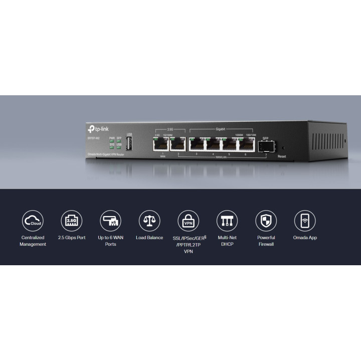 Мрежов рутер TP-Link Omada ER707-M2, мулти-гигабитов VPN, 100 IPsec тунела - 10