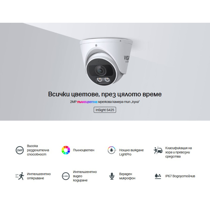 Мрежова камера TP-Link VIGI InSight S425, 2MP пълноцветна, 2.8mm обектив, PoE захранване - 2