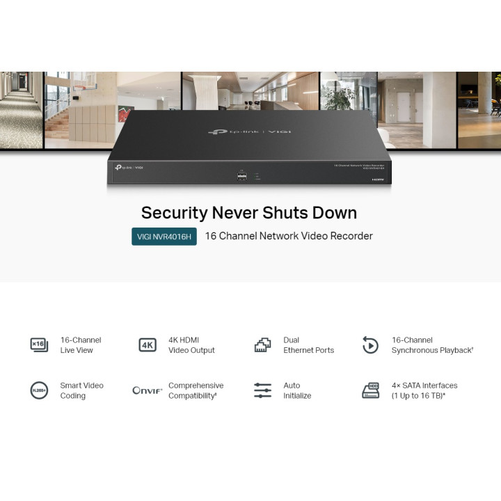 NVR устройство TP-Link VIGI NVR4016H, 16-канален, 1080p/4MP/8MP, 2x HDMI, 4x SATA - 2
