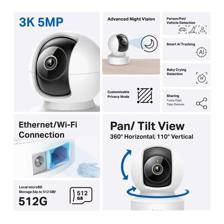 Wi-Fi камера за наблюдение TP-LINK Tapo C232, 1/3" CMOS, 4mm обектив, AI Detection, вътрешен монтаж - 2
