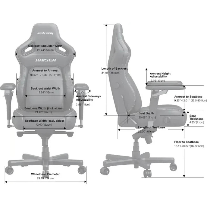 Геймърски стол Anda Seat Kaiser 4 V2, L размер, текстил, тъмносив, 120 kg макс. тегло - AD12YDDC-L-20-GB-CF-03 - 5