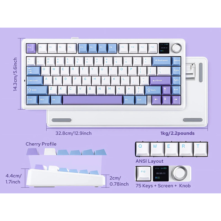 Bluetooth механична геймърска клавиатура Aula F75 MAX, 75%, Reaper Switch Linear, RGB подсветка, 4000mAh батерия - F75MAX-WBP-RS