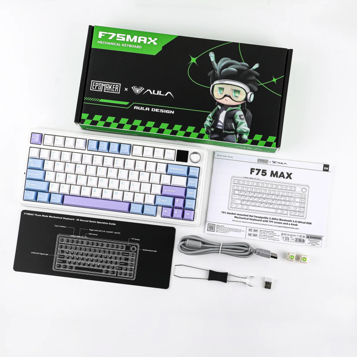 Bluetooth механична геймърска клавиатура Aula F75 MAX, 75%, Reaper Switch Linear, RGB подсветка, 4000mAh батерия - F75MAX-WBP-RS