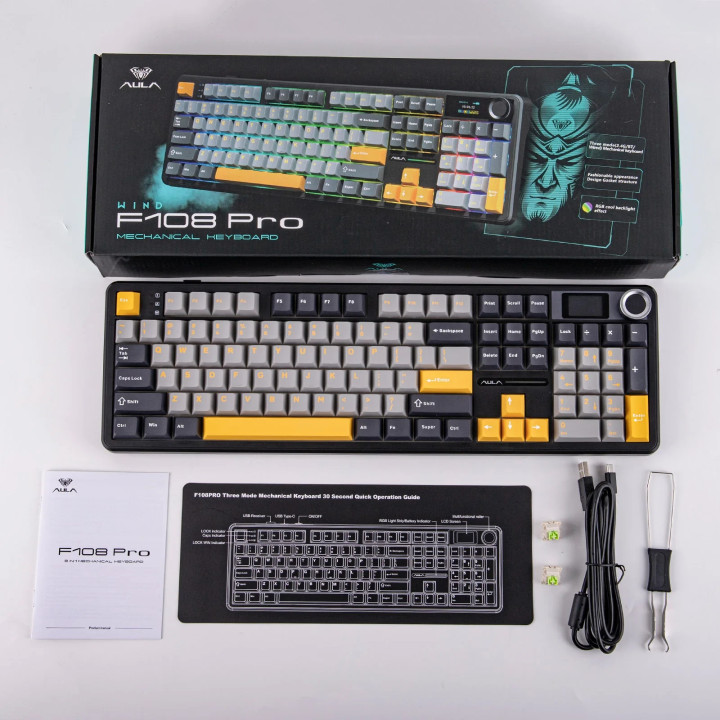 Bluetooth механична геймърска клавиатура Aula F108 PRO, 104 клавиша, Reaper Switch Linear, RGB подсветка, Алуминиева основа - F1