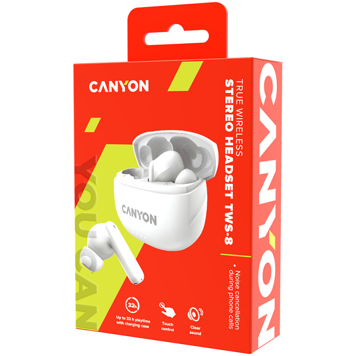 Bluetooth слушалки с микрофон Canyon TWS-8, BT V5.3 BT V5.3 JL 6976D4, бял - CNS-TWS8W