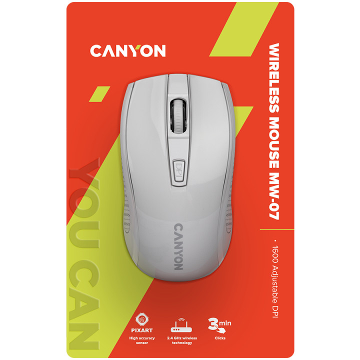 Безжична мишка Canyon MW-7, 2.4GHz, 6 бутона, бял - CNE-CMSW07W